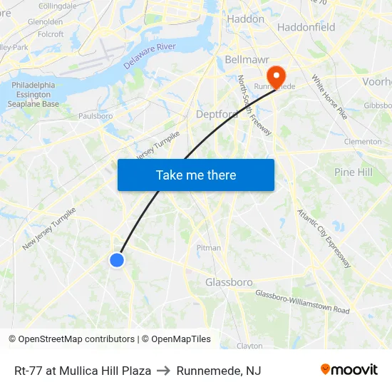 Rt-77 at Mullica Hill Plaza to Runnemede, NJ map