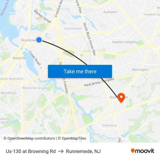 Us-130 at Browning Rd to Runnemede, NJ map