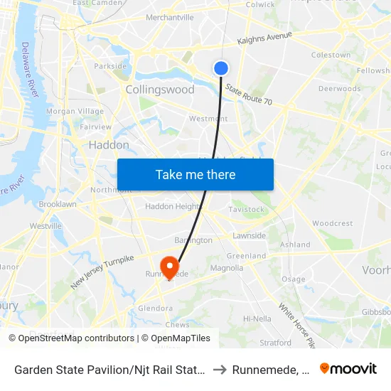 Garden State Pavilion/Njt Rail Station to Runnemede, NJ map