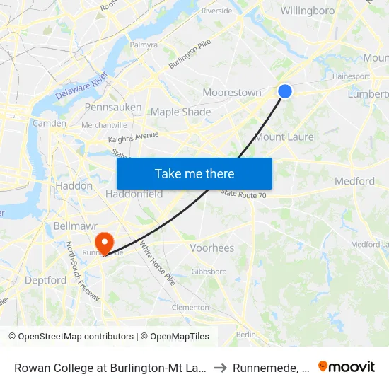 Rowan College at Burlington-Mt Laurel to Runnemede, NJ map