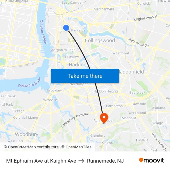 Mt Ephraim Ave at Kaighn Ave to Runnemede, NJ map