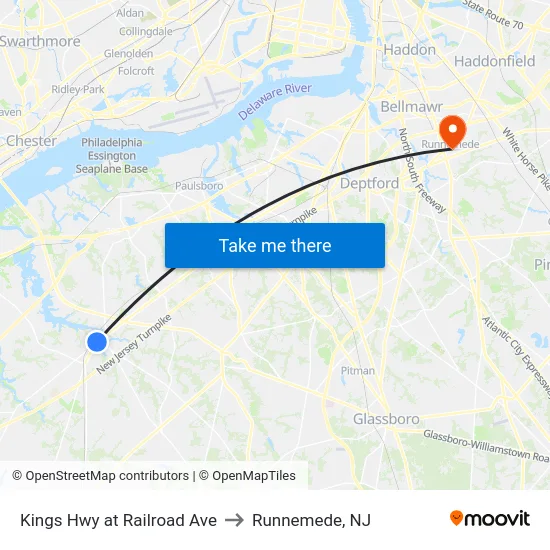 Kings Hwy at Railroad Ave to Runnemede, NJ map