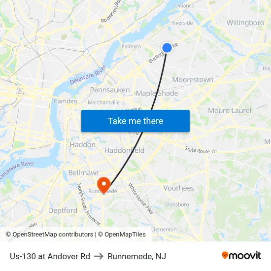 Us-130 at Andover Rd to Runnemede, NJ map
