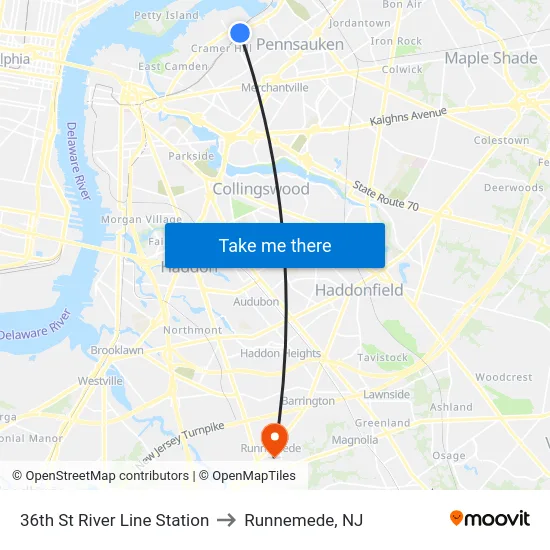 36th St River Line Station to Runnemede, NJ map