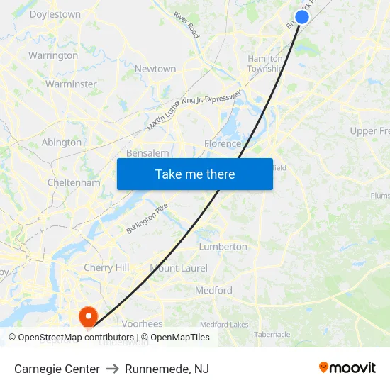 Carnegie Center to Runnemede, NJ map