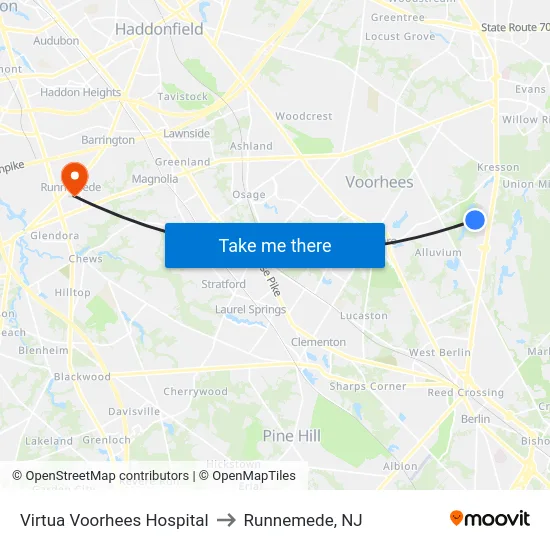 Virtua Voorhees Hospital to Runnemede, NJ map