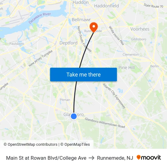 Main St at Rowan Blvd/College Ave to Runnemede, NJ map