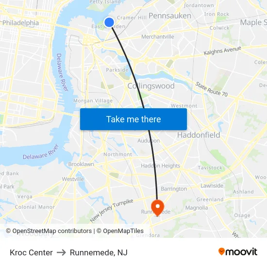Kroc Center to Runnemede, NJ map
