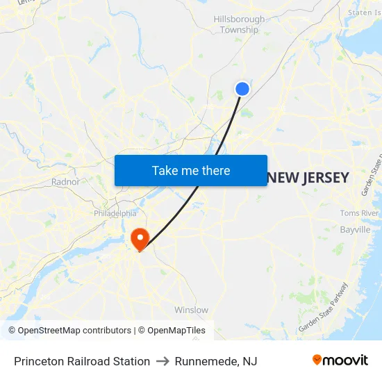 Princeton Railroad Station to Runnemede, NJ map