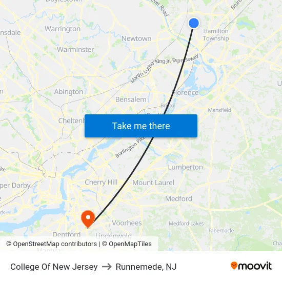 College Of New Jersey to Runnemede, NJ map