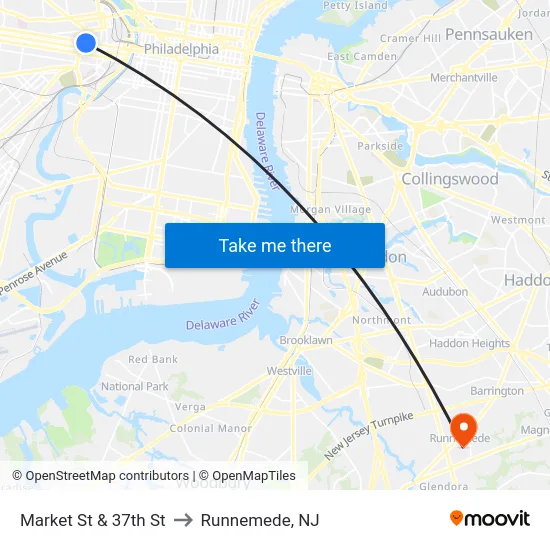 Market St & 37th St to Runnemede, NJ map