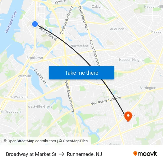 Broadway at Market St to Runnemede, NJ map