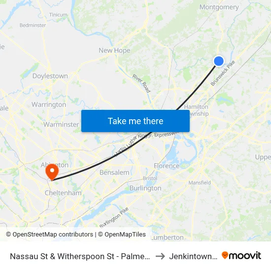 Nassau St & Witherspoon St - Palmer Square to Jenkintown, PA map