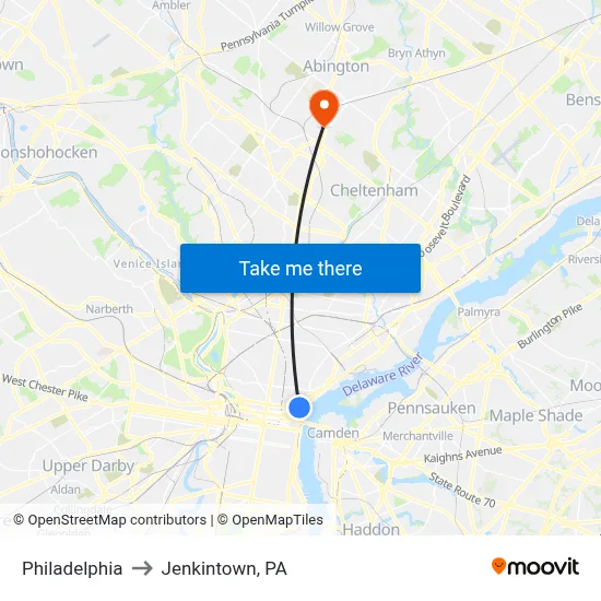 Philadelphia to Jenkintown, PA map
