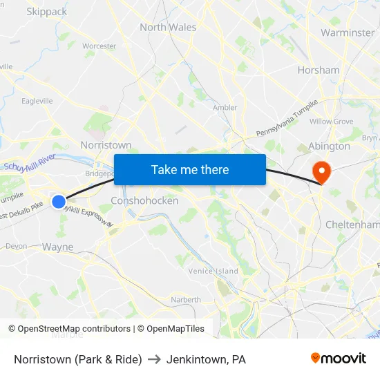 Norristown (Park & Ride) to Jenkintown, PA map
