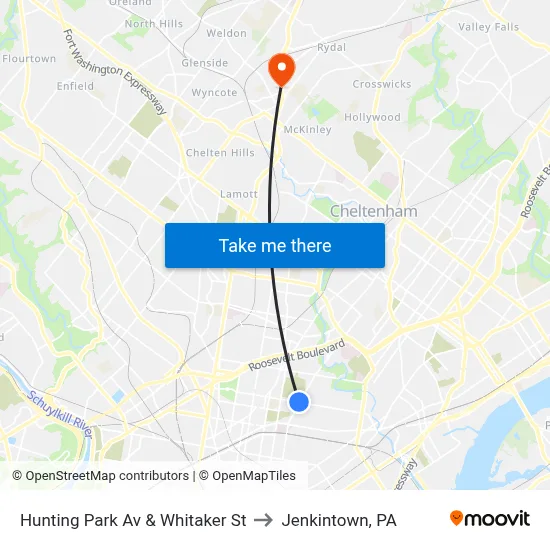 Hunting Park Av & Whitaker St to Jenkintown, PA map