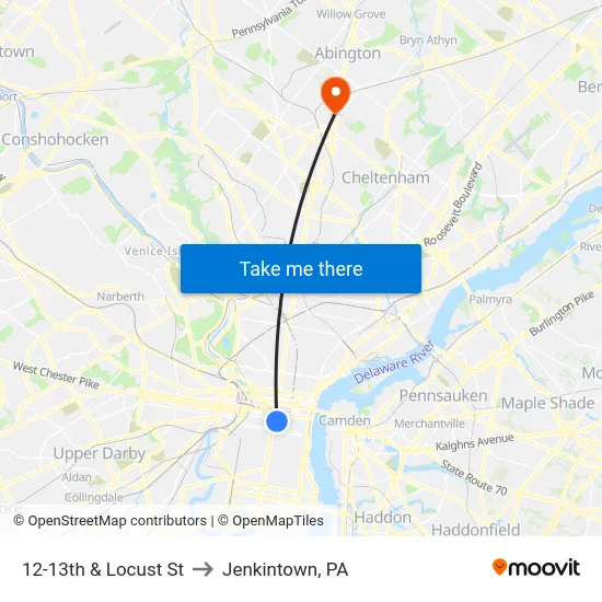 12-13th & Locust St to Jenkintown, PA map