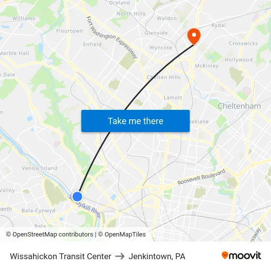 Wissahickon Transit Center to Jenkintown, PA map