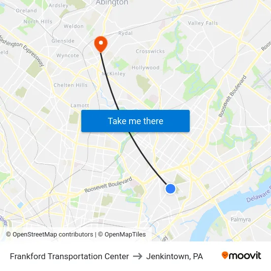 Frankford Transportation Center to Jenkintown, PA map