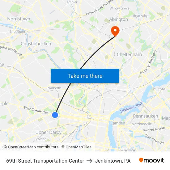 69th Street Transportation Center to Jenkintown, PA map