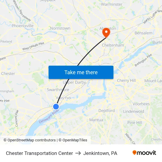 Chester Transportation Center to Jenkintown, PA map