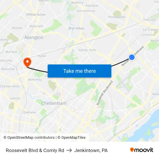 Roosevelt Blvd & Comly Rd to Jenkintown, PA map
