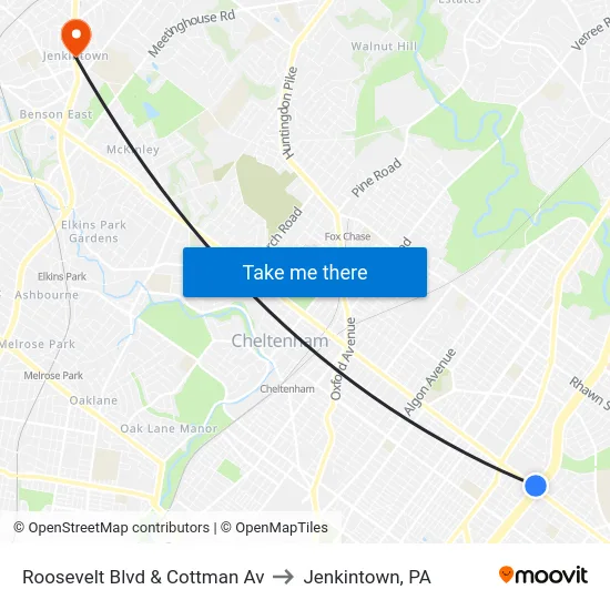 Roosevelt Blvd & Cottman Av to Jenkintown, PA map