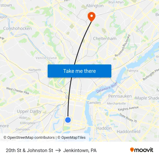 20th St & Johnston St to Jenkintown, PA map