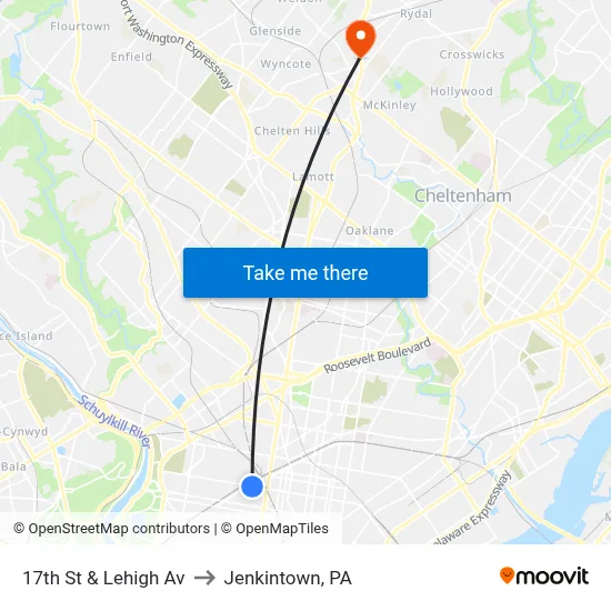 17th St & Lehigh Av to Jenkintown, PA map