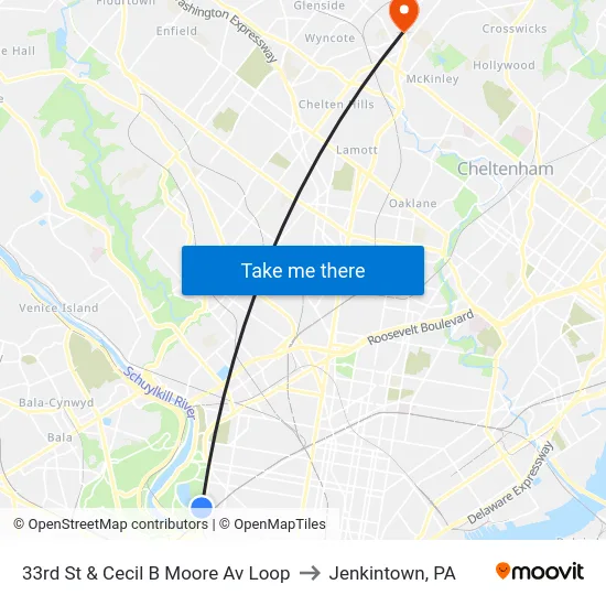 33rd St & Cecil B Moore Av Loop to Jenkintown, PA map