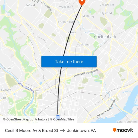 Cecil B Moore Av & Broad St to Jenkintown, PA map
