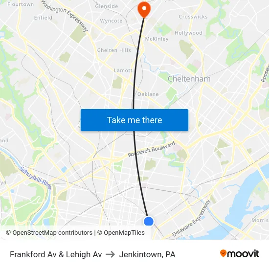 Frankford Av & Lehigh Av to Jenkintown, PA map