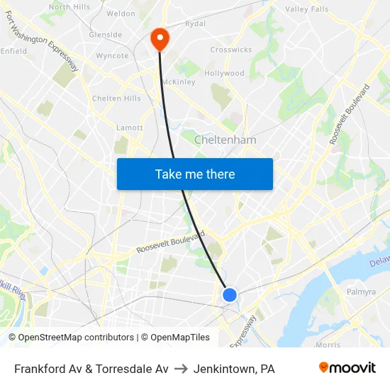 Frankford Av & Torresdale Av to Jenkintown, PA map