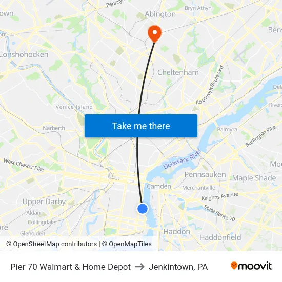Pier 70 Walmart & Home Depot to Jenkintown, PA map