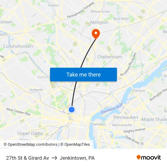 27th St & Girard Av to Jenkintown, PA map