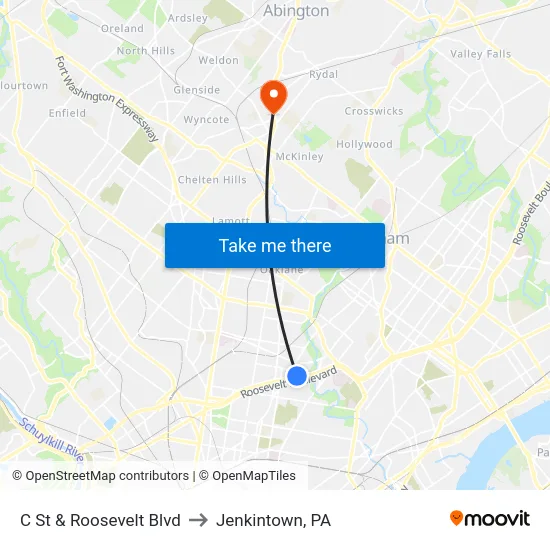 C St & Roosevelt Blvd to Jenkintown, PA map