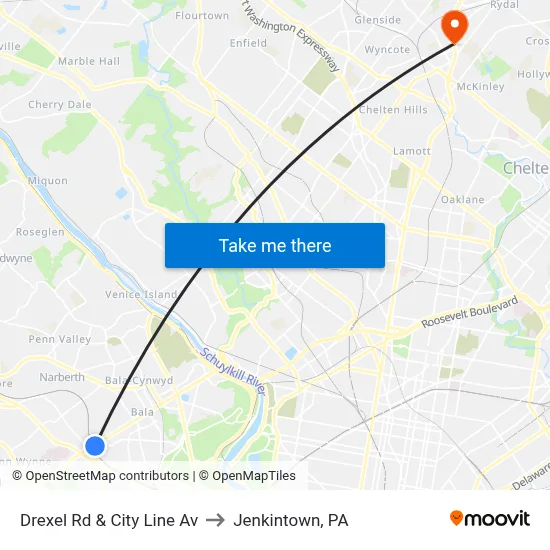 Drexel Rd & City Line Av to Jenkintown, PA map