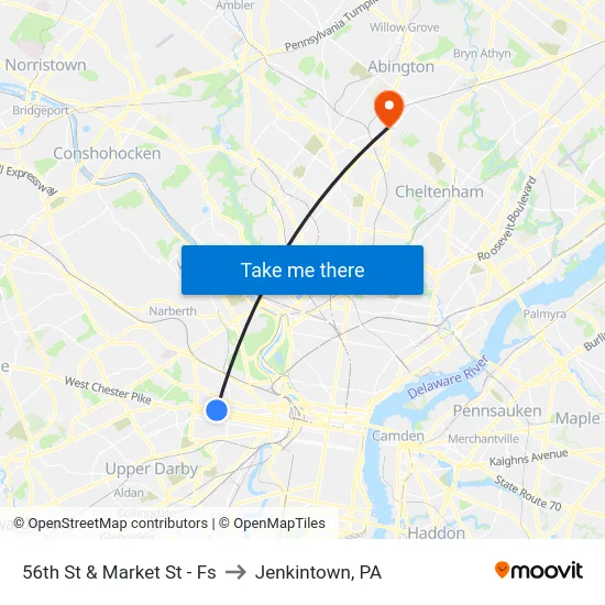 56th St & Market St - Fs to Jenkintown, PA map