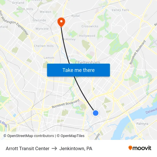 Arrott Transit Center to Jenkintown, PA map