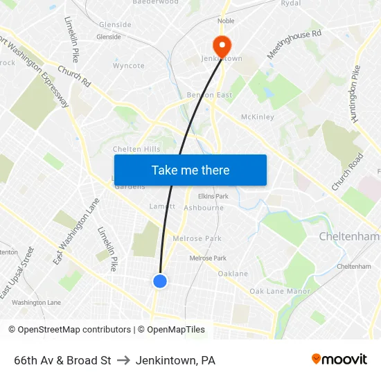 66th Av & Broad St to Jenkintown, PA map