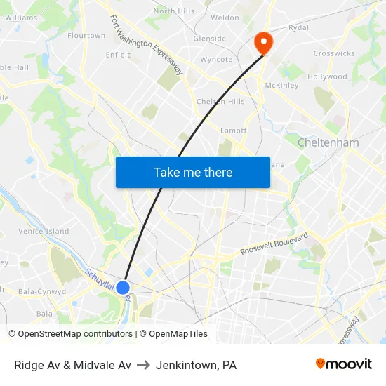 Ridge Av & Midvale Av to Jenkintown, PA map