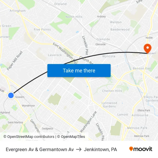 Evergreen Av & Germantown Av to Jenkintown, PA map
