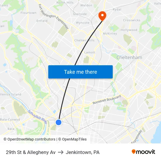 29th St & Allegheny Av to Jenkintown, PA map