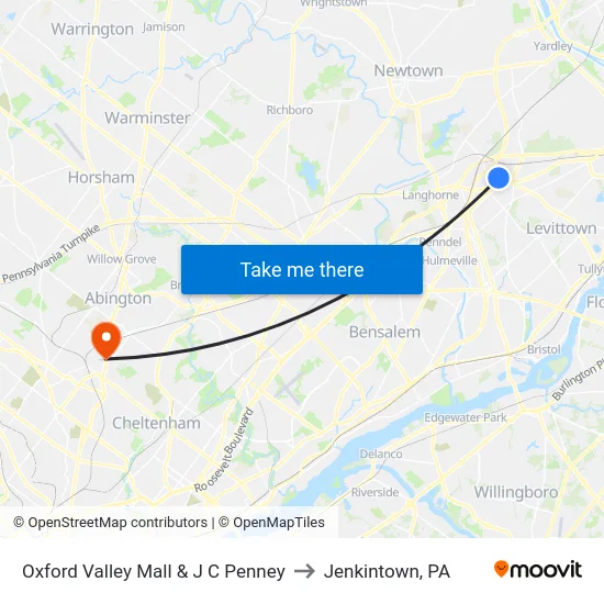 Oxford Valley Mall & J C Penney to Jenkintown, PA map