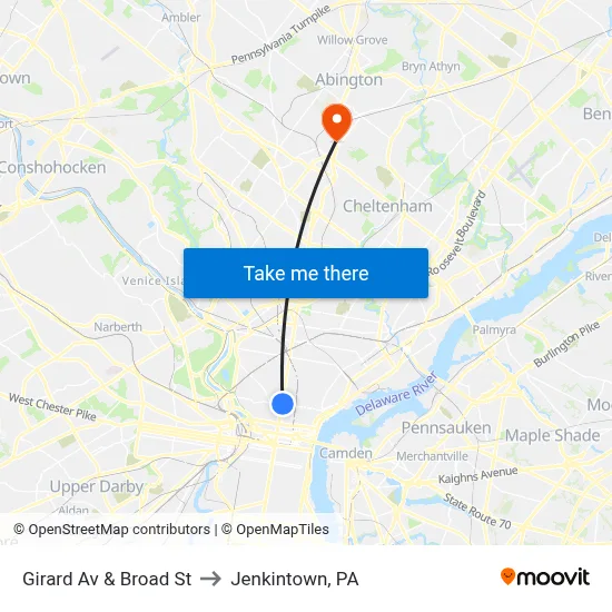 Girard Av & Broad St to Jenkintown, PA map