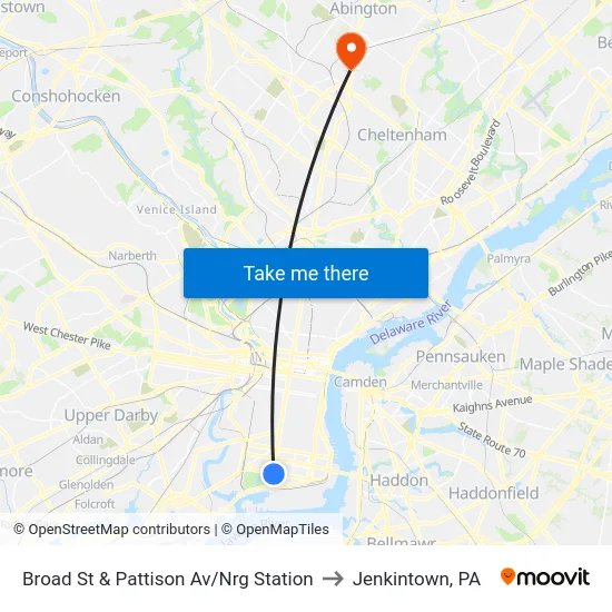 Broad St & Pattison Av/Nrg Station to Jenkintown, PA map