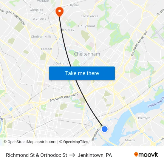 Richmond St & Orthodox St to Jenkintown, PA map