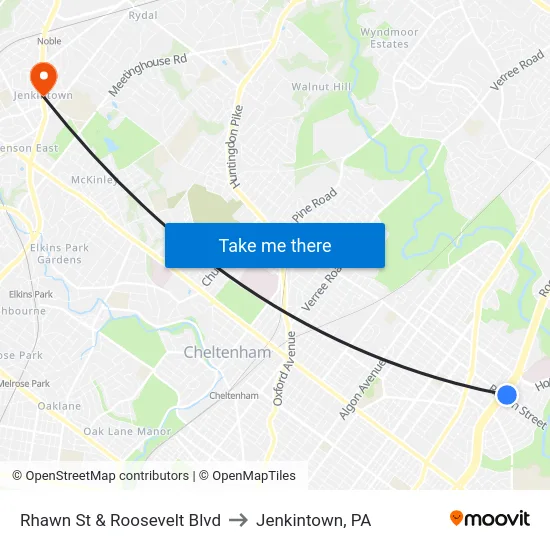 Rhawn St & Roosevelt Blvd to Jenkintown, PA map