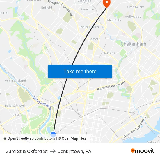 33rd St & Oxford St to Jenkintown, PA map