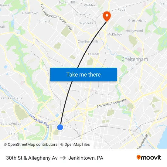 30th St & Allegheny Av to Jenkintown, PA map